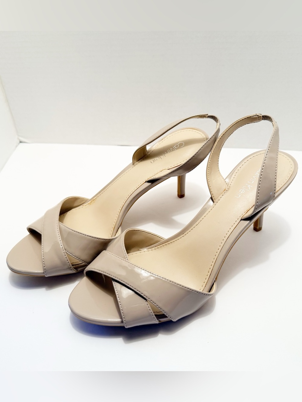 Calvin Klein Glossy Taupe Patent Slingback Heels
